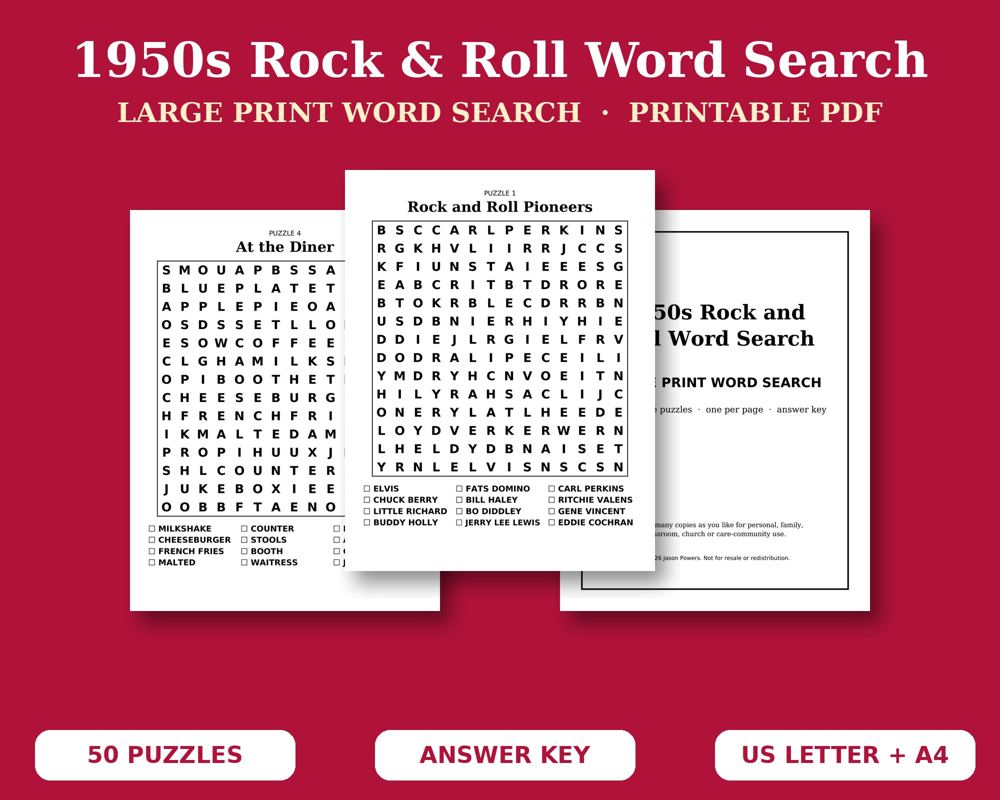 1950s Rock & Roll Word Search printable