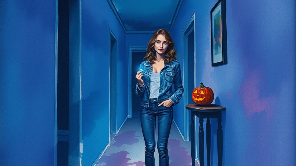 Watercolor pin-up of a brave woman with a flashlight in a dark hallway
