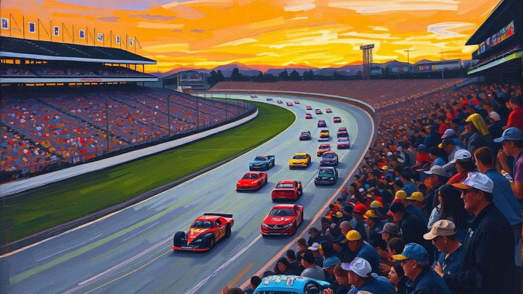 Painting of stock cars racing through a banked turn at dusk