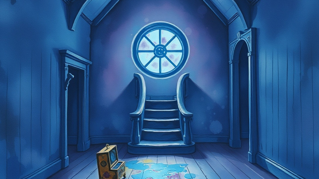 Painting of a haunted mansion attic with a music box and a child's ball