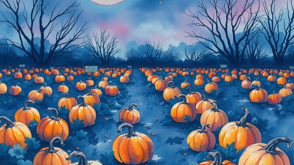 Painting of a moonlit pumpkin patch on Halloween night