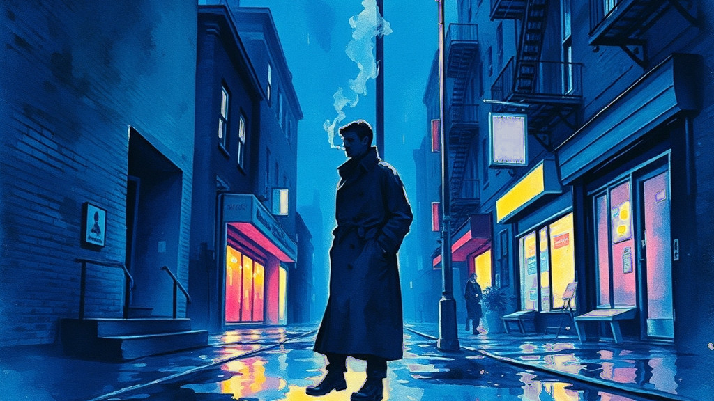 Painting of a trench-coated figure on a rainy neon city street at night