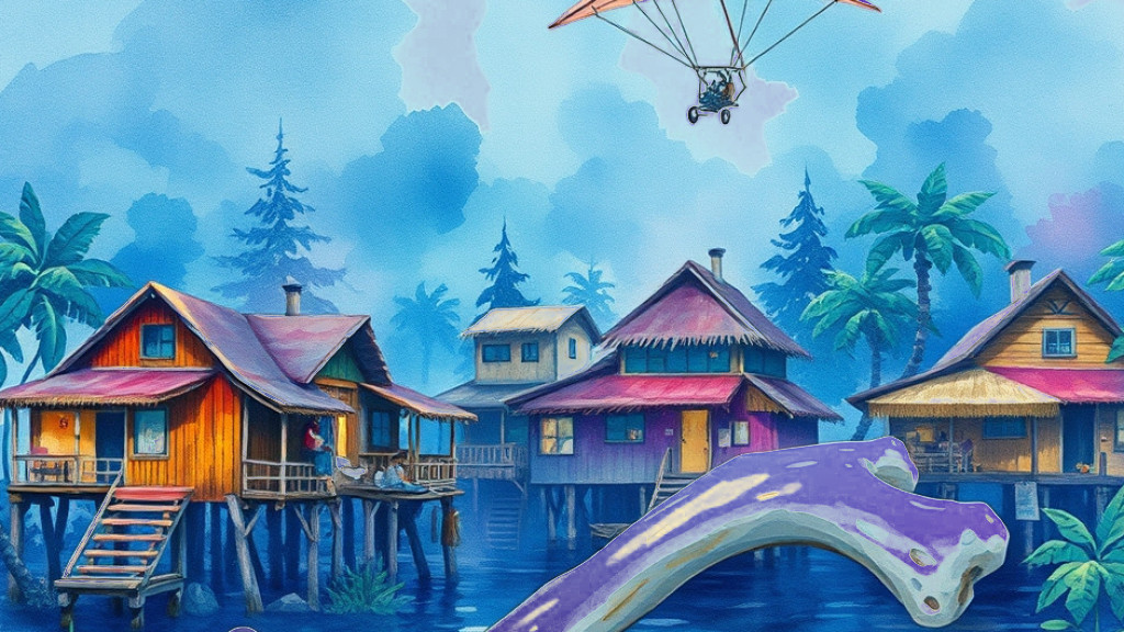 Painting of a playful 90s video game jungle village