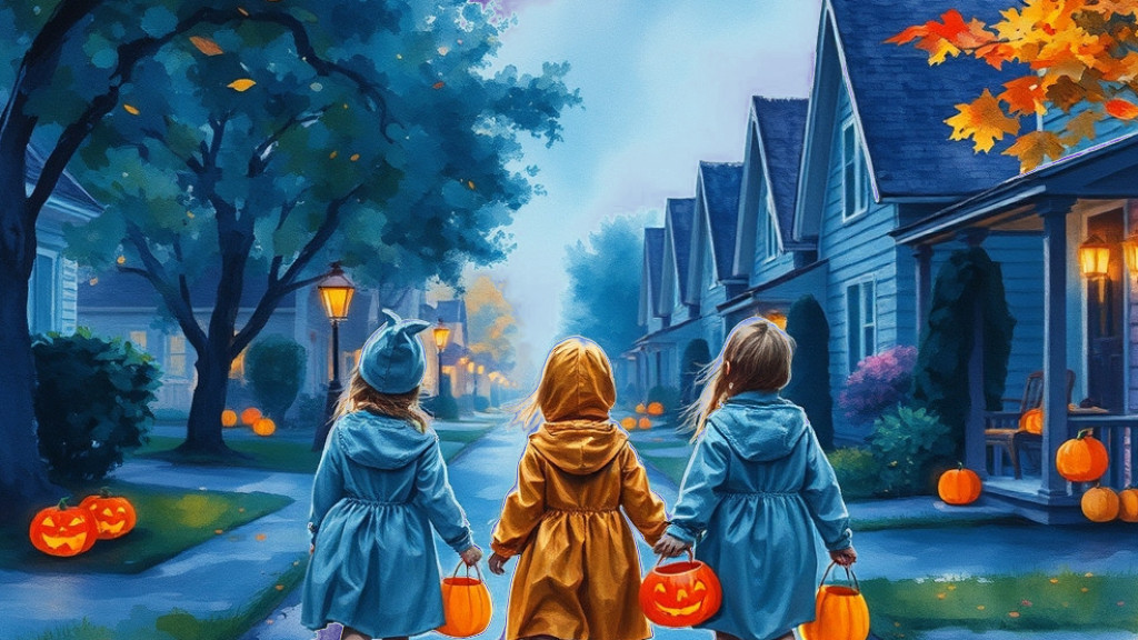 Painting of 80s trick-or-treaters in plastic costumes walking down a street at dusk