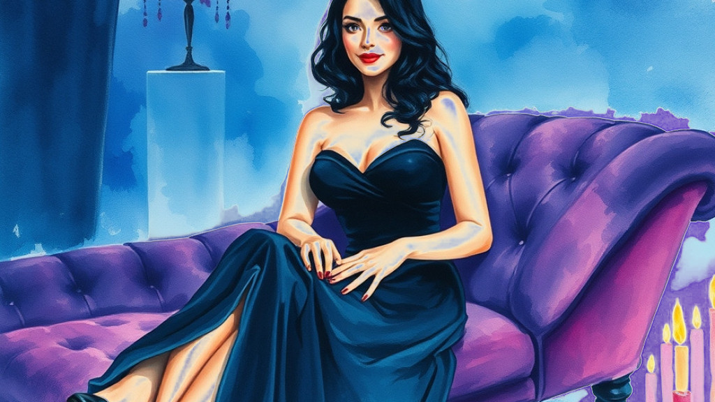 Watercolor pin-up of a glamorous gothic woman on a velvet chaise