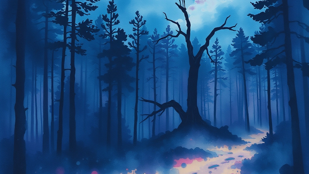 Painting of a moonlit pine forest with a winged shape in a dead tree