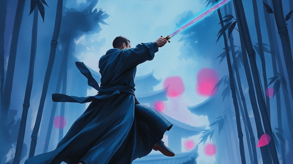 Painting of a swordsman leaping through a moonlit bamboo forest