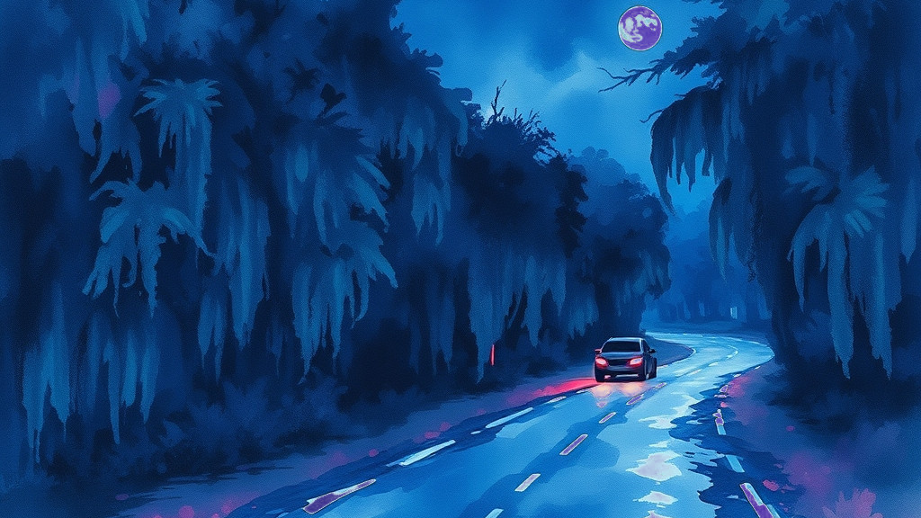 Painting of a moonlit Southern swamp with glowing red eyes in the trees