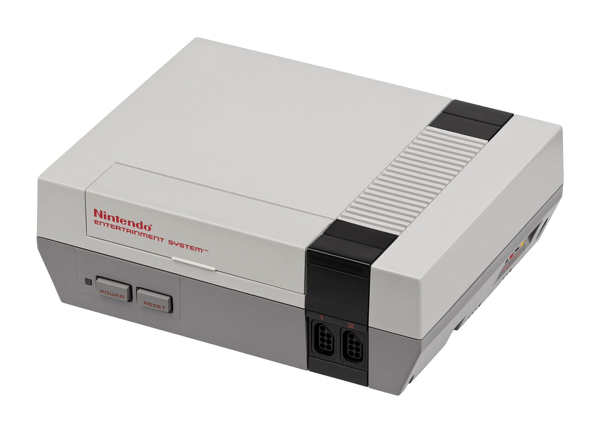 Front view of the Nintendo Entertainment System (NES) console, showing the classic gray rectangular design with controller ports and cartridge slot, released in 1985