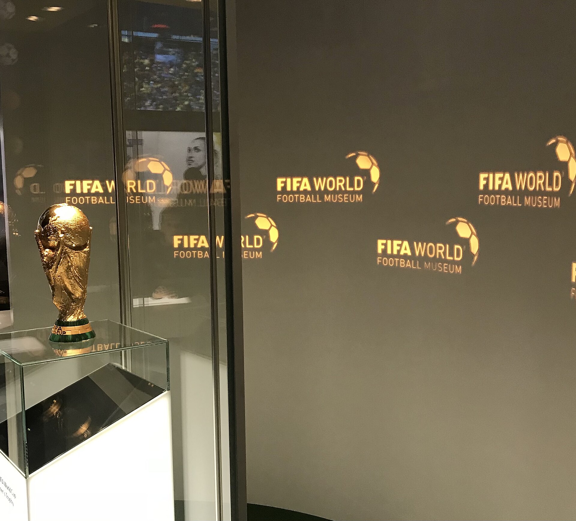 The FIFA World Cup Trophy displayed in the FIFA World Museum in Zürich, Switzerland - the iconic gold trophy awarded to World Cup winners