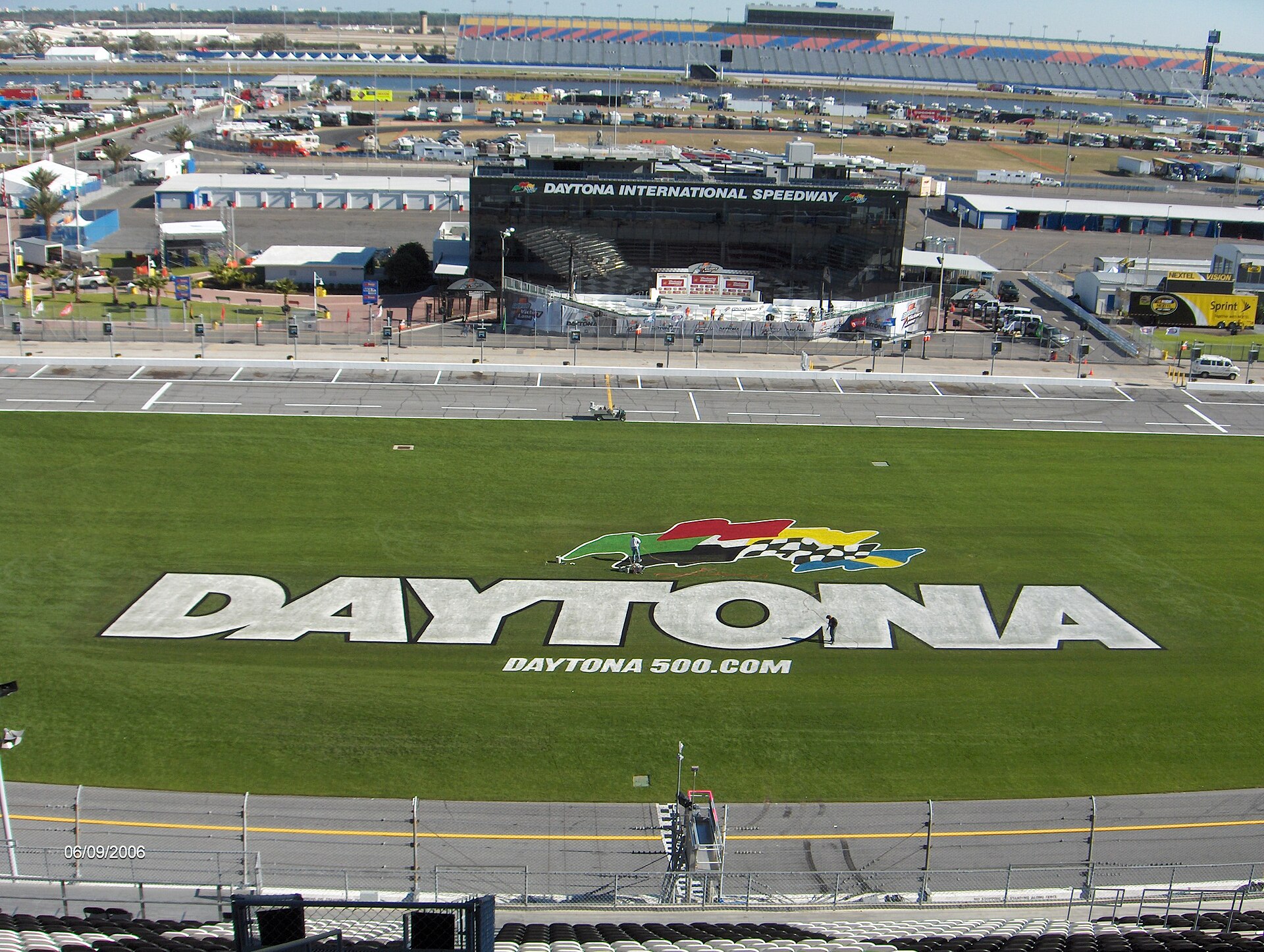 Aerial view of the Daytona International Speedway showing the distinctive oval track layout and grandstands along the frontstretch