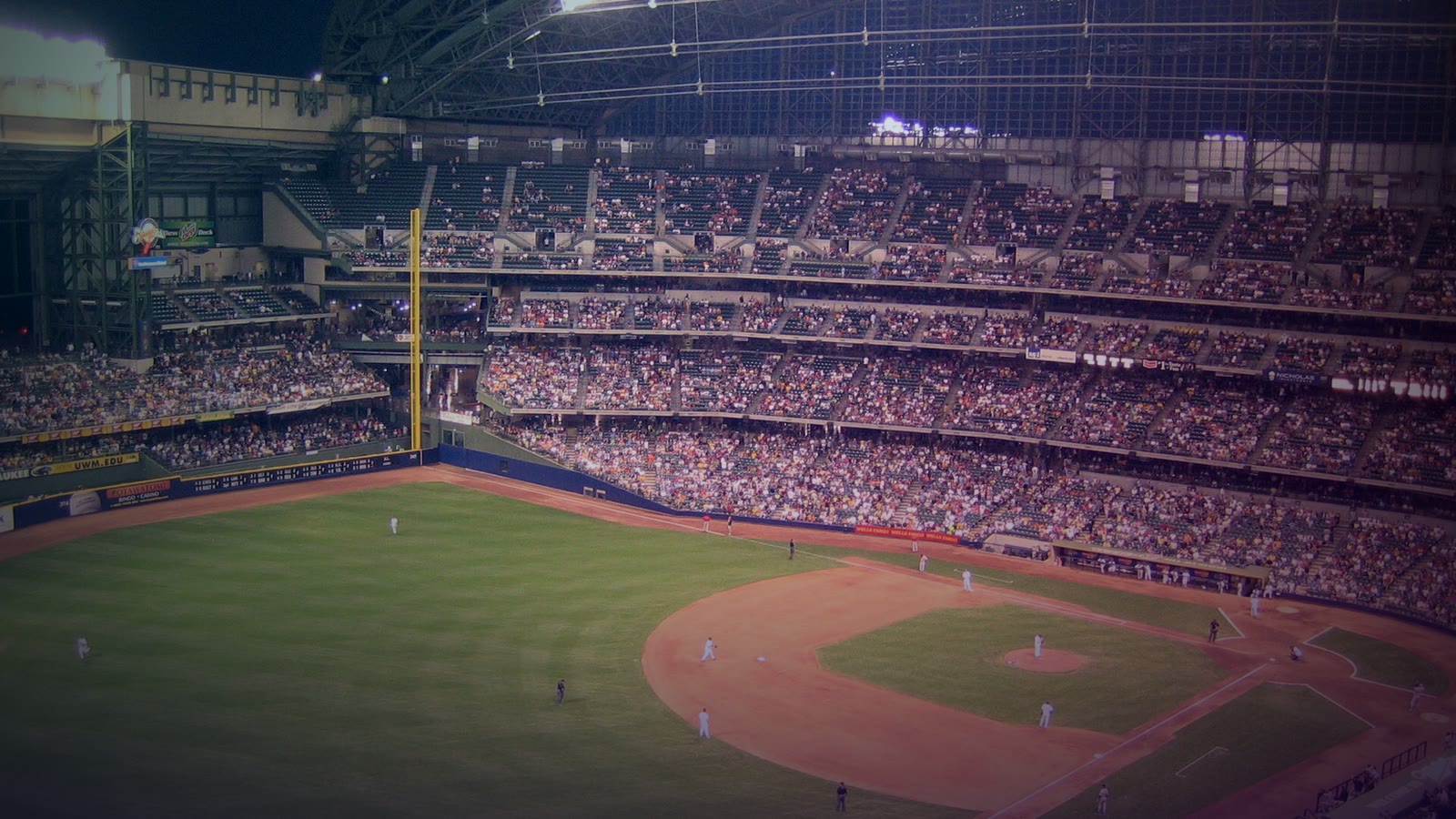 The Brewers' ballpark in Milwaukee at night, seen from the left field side